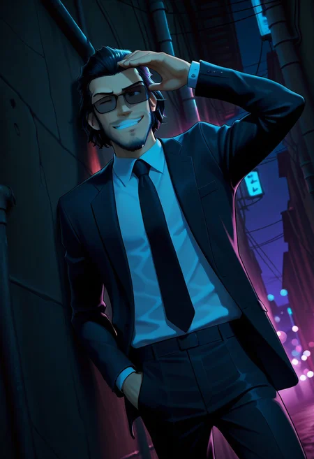 safe_pos, score_9, score_8_up, score_7_up, score_6_up, perfect anatomy, perfect proportions, best quality, masterpiece, high_resolution, high quality, best aesthetic, incredibly absurdres, highres, extremely detailed, huge filesize, (gay, homo, bara, male focus, male only, mature, masculine, manly, hunk, virile), handsome, charming, alluring, dutch angle, cowboy shot, source_anime, official style, source_anime , anime coloring, LP3TFDaisuke, Daisuke Jigeni \(Lupin III: The First\), black hair, sideburns, facial hair, stubble, chinstrap beard, jawline beard, black sunglasses, LP3TFDaisuke_outfit02, black suit, white collared shirt, black necktie, black blazer, open blazer, open clothes, black pants, single arm raised, leaning on wall, outdoor, alley, night, dark, sexy, smirk, seductive_pose, from below, shading, countershading, movie still, vibrant, vivid, stardom, glamorous, extraordinary achievement, award-winning, expressionist, cinematic still, emotional, harmonious, vignette, bokeh, cinemascope, moody, epic, gorgeous