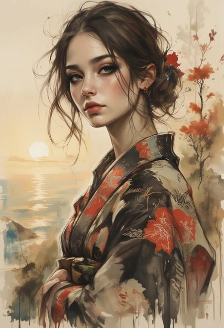 A dinkfsn style ink wash painting, OBxiaoxiang, Inkplash art on rice paper, sepia, henna , Silhouette Art, magnificent, inksplash poster art, closeup portrait of Japanese woman in silk kimono, dark eyeshadow, red lips, standing on cliff overlooking the ocean, sunset, directional lighting