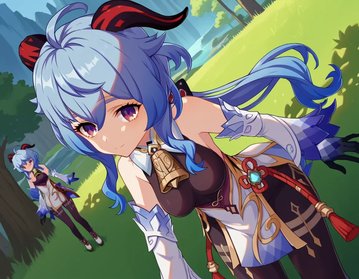 score_9, score_8_up, score_7_up, source_anime,
ganyu, <lora:genshin-ganyu-ingame-ponyxl-lora-nochekaiser:1>,
ganyu, blue hair, goat horns, horns, long hair, purple eyes, sidelocks, smile,
gloves, bare shoulders, detached sleeves, black gloves, bell, bodysuit, neck bell, black bodysuit, vision \(genshin impact\), bodystocking, cowbell, chinese knot,
outdoors, forest, nature, bent over,
looking at viewer, cowboy shot, dutch angle,
