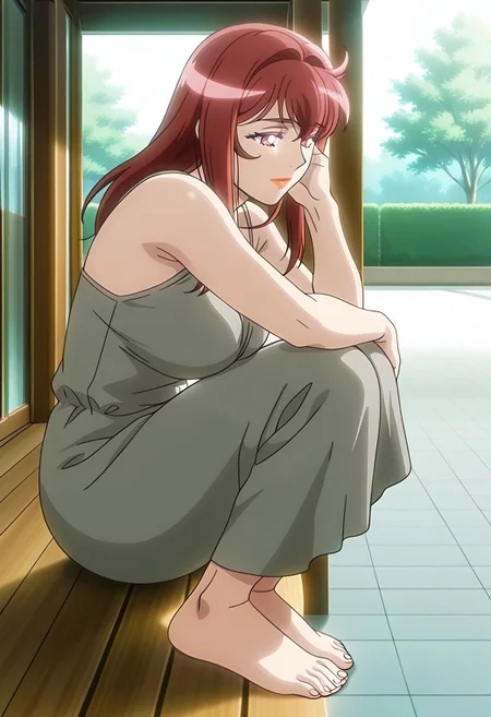 masterpiece, best quality, cinematic lighting, amazing quality, very aesthetic, absurdres, best quality, YUR1N45UZUK4Z3,
1girl, long hair, red hair, red eyes, hair intakes, hair between eyes, red eyebrows, red lips, (anime screenshot:1.1), (soft cel-shading:1.2), (lineart:1.2), (anime proportioned body:1.1), (natural anime shading:1.1), (anime background:1.1),  (solo:1.3), (form-fitting dress:1.5), (gray dress:1.4), (long dress:1.3), (sleeveless:1.3), (barefoot:1.5), (feet visible:1.4), (toes visible:1.4), (floor-length dress:1.3), (garden patio:1.4), (stone tiles:1.3), (sunlight filtering:1.3), (soft breeze:1.2), (relaxed posture:1.3), (quiet atmosphere:1.3), a woman steps slowly across a sunlit garden patio, the hem of her gray dress sweeping gently over the warm stone tiles, her bare feet pressing softly into the textured surface as she walks, toes spreading slightly with each shift in balance, a breeze moves the fabric around her legs while sunlight filters through nearby vines, casting soft patterns on the ground and filling the space with a quiet, graceful energy, barefoot outdoor calm, garden warmth and elegance, soft natural light,detailed background, source_anime, BREAK (cinematic shot), (dynamic angle), (official anime artwork), T5UM4N3T0R1