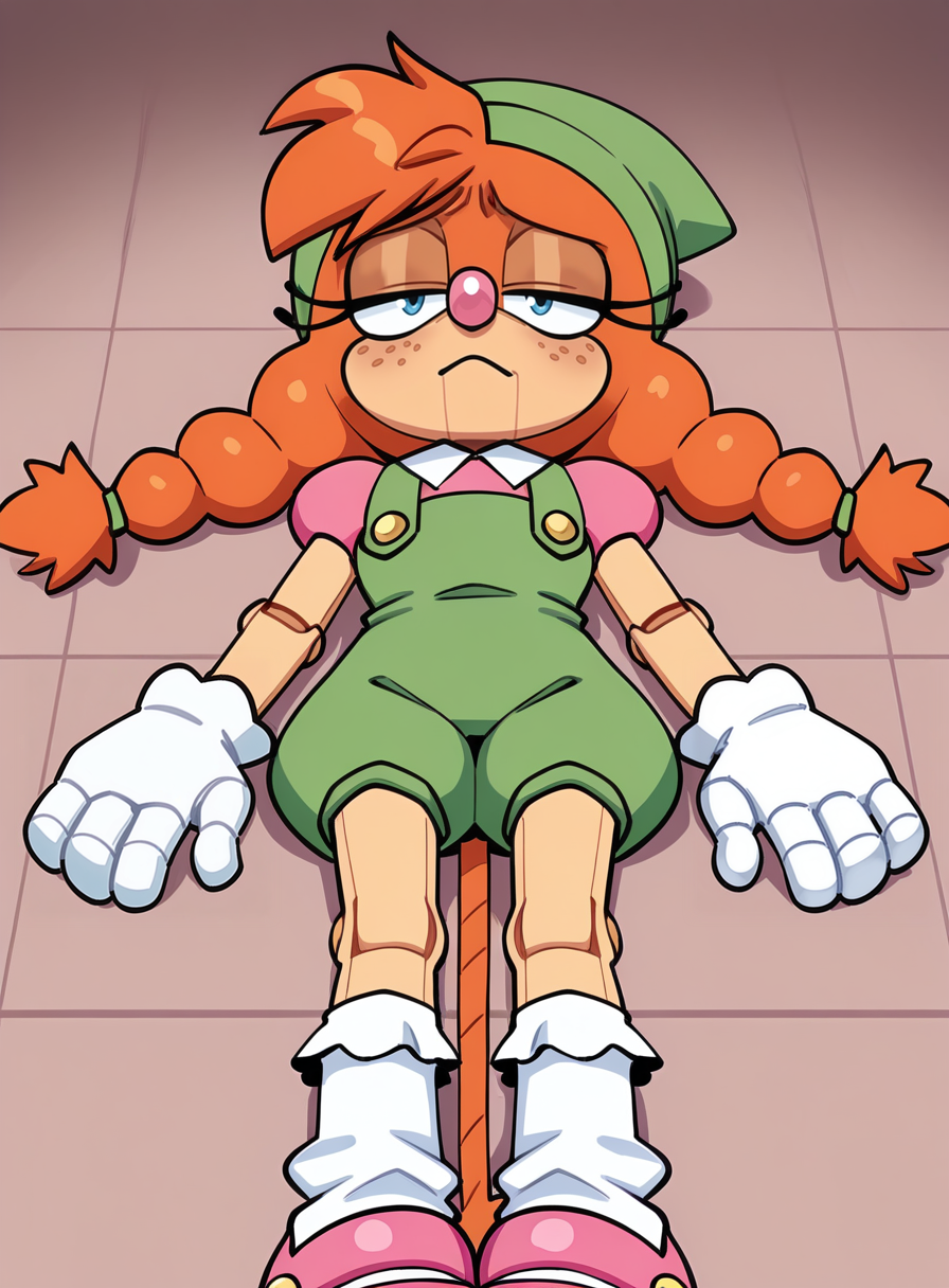 1girl, solo, furry,
<lora:Belle:0.9> belle the tinkerer, green headwear, puffy short sleeves, pink shirt, green overalls, collared shirt, white gloves, mary janes, pink footwear, white socks, frilled socks, overall shorts,
lying, face turned away, drooping posture, sad expression, subdued light,  <lora:quaverdrawsv3-15:1> qvr, extremely detailed, highres, masterpiece, best quality