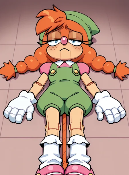 1girl, solo, furry,
<lora:Belle:0.9> belle the tinkerer, green headwear, puffy short sleeves, pink shirt, green overalls, collared shirt, white gloves, mary janes, pink footwear, white socks, frilled socks, overall shorts,
lying, face turned away, drooping posture, sad expression, subdued light, <lora:quaverdrawsv3-15:1> qvr, extremely detailed, highres, masterpiece, best quality