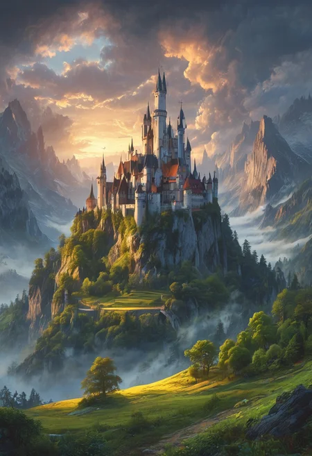 A captivating night scene illustration featuring a beautiful castle on a great and luxurious castle great mountain. The castle and mountain are much like Neuschwanstein Castle in Bavaria. This enchanting artwork captures a serene and peaceful early morning, where the sun is just starting to rise over the beautiful tree covered mountain range and castle which stands resolute amidst the great mountains, creating a cinematic experience., illustration, cinematic
<lora:DonM3t3rn1tyXL-v1.1:0.7>, DonM3t3rn1tyXL,
OverallDetailXL <lora:MJ52:0.3> <lora:SDXLFaeTastic2400:0.4> <lora:EpicF4nta5yXL:0.7>