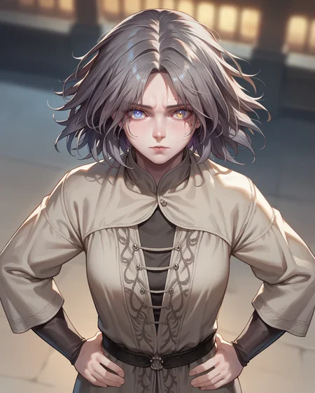 score_9, score_8_up, score_7_up, source_anime, blurred background, hands on hips, 1girl, DarkMelina, gray hair,blue pupil, yellow pupil, scars, blush, upper body, from above, <lora:DarkMelina-12:0.8>