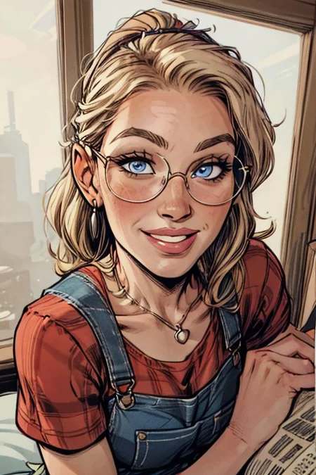 solo, 1girl, mature woman, blonde hair, ponytail,hair band, blue eyes, small perfect round breast, amazing pert butt, long hair, black glasses, wrinkles, freckles, a closer view, detailed face, fFaceDetail, graphic novel illustration, comics style, retro setting, sixties, noir style, earrings, necklace, farmer woman, at farm, overalls, red checked shirt with rolled up sleeves, smile, close up, looking at the view, Portrait, Vintage Style, vintage, tall female, jim lee, close up, front view, looking at the view, Portrait, bedroom, sit on bed