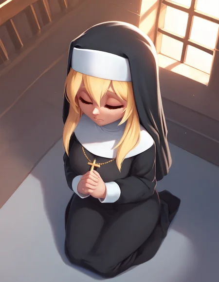 lineless, source_cartoon, score_9, score_8_up, score_7_up, score_6_up, score_5_up, score_4_up, BREAK 1girl, church, nun, kneeling, praying, from above, closed eyes, blonde hair, long hair, <lora:MysticalPlantPenetratorPDXL:1>
