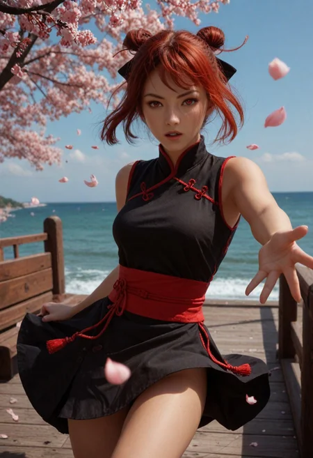 score_9_up, score_8_up, score_7_up, score_6_up, 1girl, 25 years old, perfect face, (adult:1.2), sexy,
red eyes,
red hair, short hair, messy hair, hair bow, black bow, hair rings,
black dress, kung fu dress,
reaching towards viewer, looking at viewer, parted lips,
cowboy shot, dynamic pose, dynamic angle,
day, blue sky, cherry blossoms, falling petals, outdoors, spring (season), wind, ((wind lift)), upskirt,
pier, ocean,