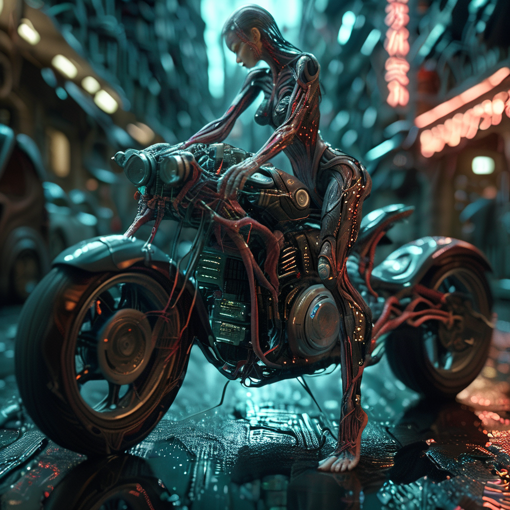 cyberanatomy girl on a motorbike at night, cyborg city street, very detailed, photorealistic, dark and expressive, cinematic<lora:cyberanatomy:1>