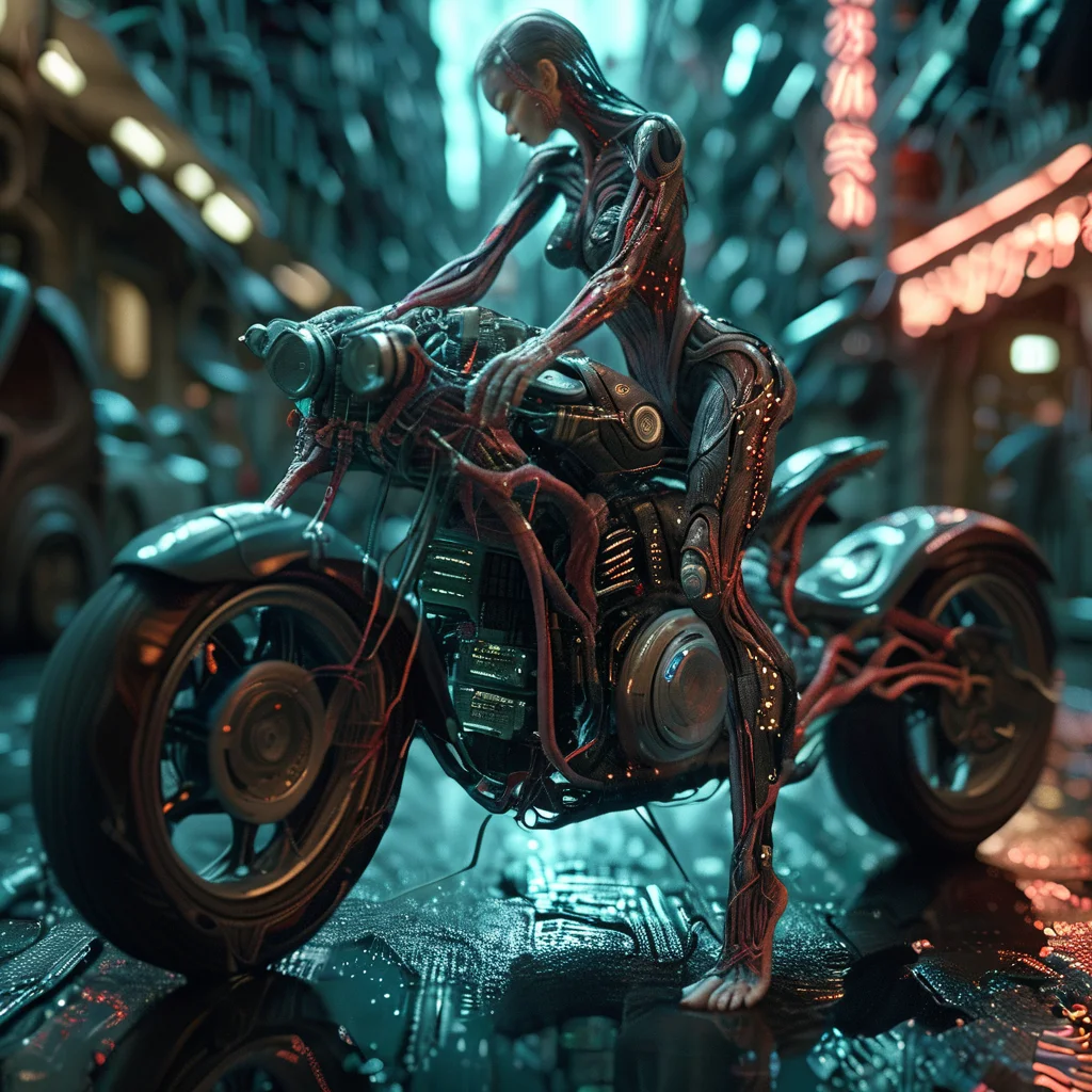 cyberanatomy girl on a motorbike at night, cyborg city street, very detailed, photorealistic, dark and expressive, cinematic<lora:cyberanatomy:1>