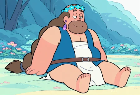 detailed background, detailed background, solo, GregUIL, 1boy, male focus, fat, beard, black eyes, long braided hair, brown hair chubby, smile, masterpiece, perfect quality, best quality, detailed, newest, very aesthetic, Z00Man0utfit, flower crown, blue vest, white loincloth, brown belt, purple earrings, bare feet, sitting down, half-closed eyes