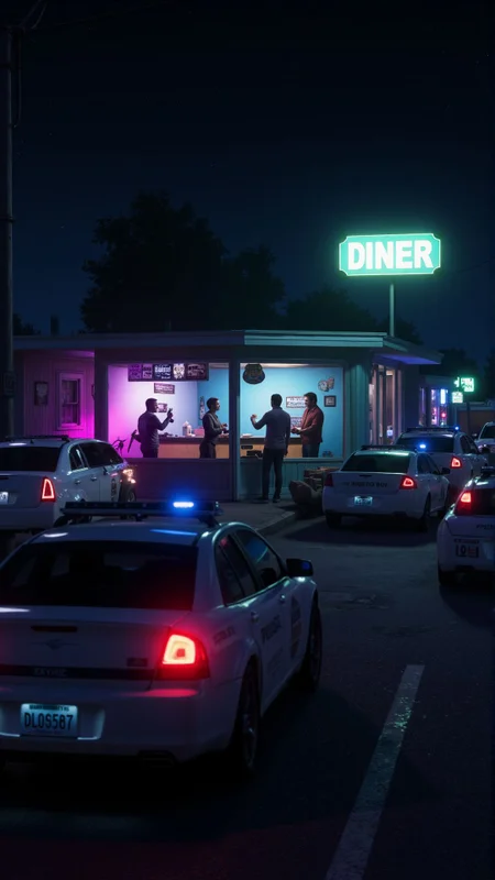 A tense hostage situation inside a neon-lit diner, with a lone figure holding a pistol to the head of a terrified waiter. Outside, police cars with flashing lights have surrounded the building, ready to move in.
,<lora:aidmaGTA6:1> aidmagta6,
<lora:ImageUpgraderV2:0.35> ,detailmaximizer,
<lora:aidmaMJ6.1-FLUX-V0.1:0.55>,midjourneyv6.1