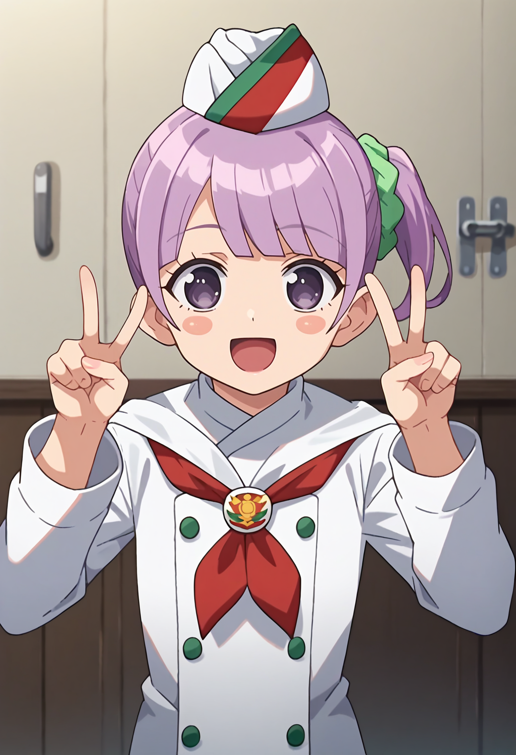 score_9, score_8_up, score_7_up, score_6_up, score_5_up, score_4_up, source_anime,
solo, 1girl, defnonb, side ponytail, hair scrunchie, blush stickers, anime screencap,
chef hat, white headwear, neckerchief, chef, buttons,
looking at viewer, smile, open mouth, 
<lora:_manaka_non-elesico-pony-e12:0.9>