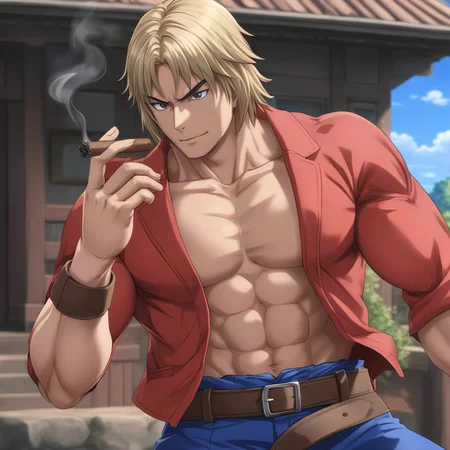 1boy, man, KenSFXL, belt, smoking cigar <lora:KenSFXL:1>, (anime, masterpiece, intricate:1.3), (best quality, hires textures, high detail:1.2), (4k),(incredibly detailed:1.4),UHD, 8K, ultra detailed