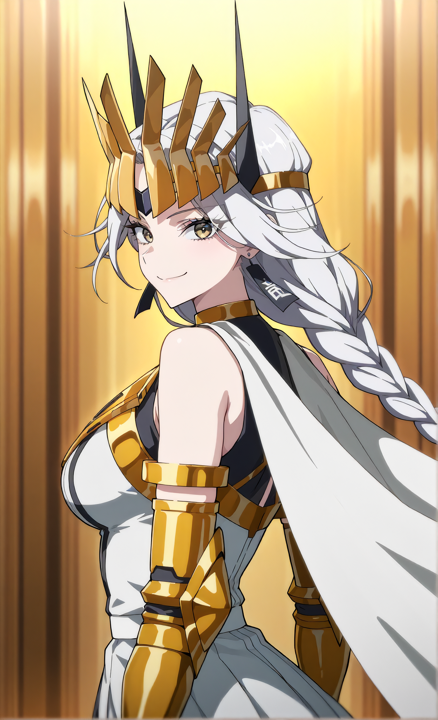 masterpiece, sharp detail, intricate detail, 1girl, <lora:To_be_hero_X_-_Queen:0.8> queen \(to be hero x\), black hanafuda earrings, long braid, white cape, black gloves, golden gauntlets, looking at viewer, white dress, smile, from side,