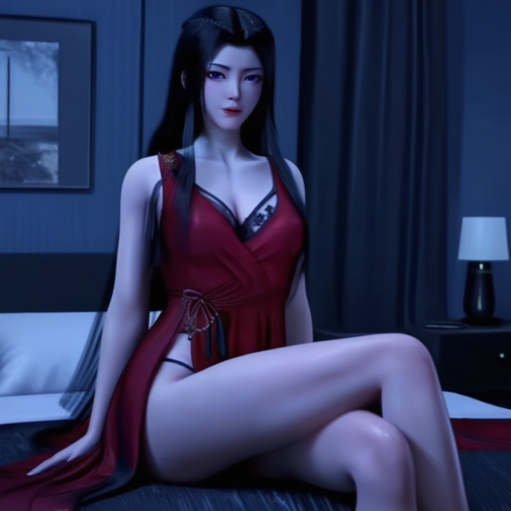 <lora:ponyyuanyao1:1>,yuanyao,3d,sitting on bed,Shawl long hair,looking at viewer,black lace bra,crossed_legs,red dress,dress lift,black thong,bedroom,