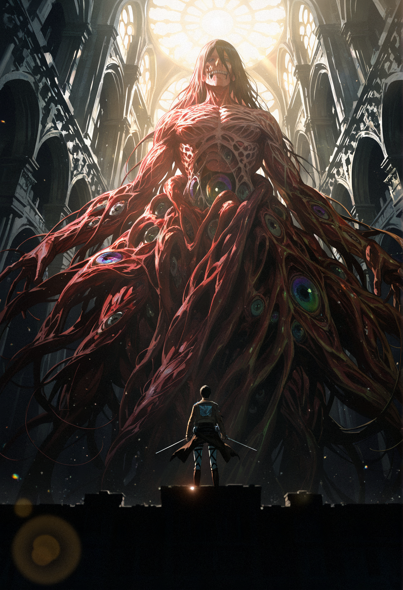 very awa, (anime screenshot:0.8),  (artist:guru:0.8), (stu dts:0.5), monster, titan \(shingeki no kyojin\), body horror, gothic architecture, sunlight, lens flare, rainbow, warrior, foreshortening, masterpiece, [best quality:0.15], newest, absurdres,