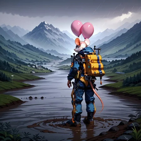 score_9, score_8_up, score_7_up, source_anime, Anthro mouse, B3ck13M0us3, standing, wearing  bridgesuit, holding pink balloon, mud, raining, mountains in background, clouds, looking at viewer, backpack,
