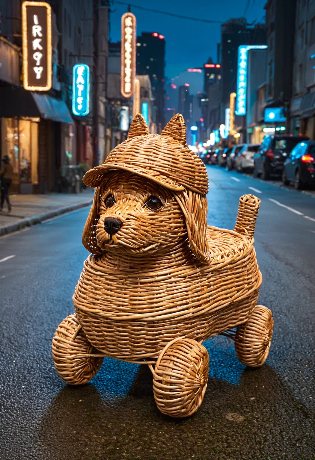 wkrstyle, a wicker dog, wearing a cilinder hat, running on a street, near a car, futuristic city, neon lights, dark atmosphere