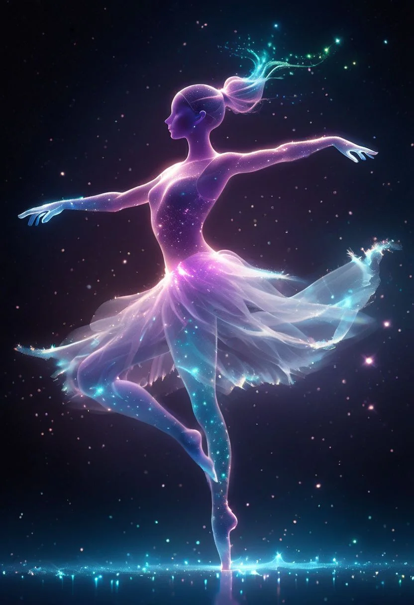 Faceless Ballerina made out of glass, striking a ballerina pose with her arms up, wearing a ballerina outfit, see through body, surrounded by a bright cyan glow, dark background covered with glowing stars, there is a galaxy in the background at the top corners of the screen, falling stars colored in a bright purple hue, dynamic pose