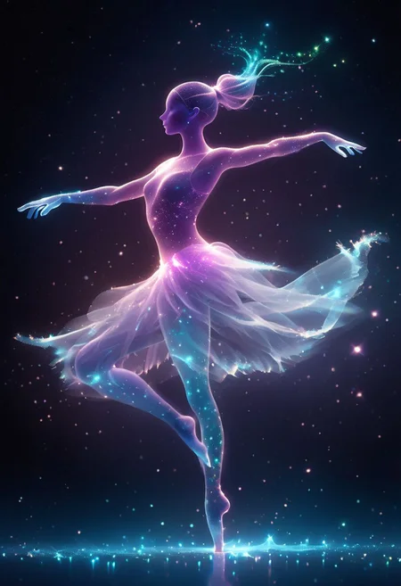 Faceless Ballerina made out of glass, striking a ballerina pose with her arms up, wearing a ballerina outfit, see through body, surrounded by a bright cyan glow, dark background covered with glowing stars, there is a galaxy in the background at the top corners of the screen, falling stars colored in a bright purple hue, dynamic pose