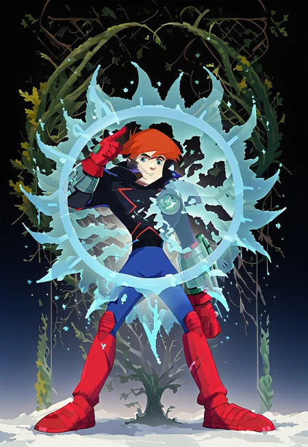 score_9, score_8_up, score_7_up, dynamic pose, full body shot, full body, source_anime, masterpiece, best quality, 1boy, Hero Costume, Black Jacket, Blue Pants, Red Gloves, Red Boots and Kneepads, one mechanical bracer, single bracer, bracer on left arm,  Transparent Shield. easynegative, ng_deepnegative_v1_75t, negative_hand, verybadimagenegative_v1.3, dark, chiaroscuro, low-key, pam-flwr, dark, chiaroscuro, low-key,  easynegative, Expressiveh, thick outline, white outline