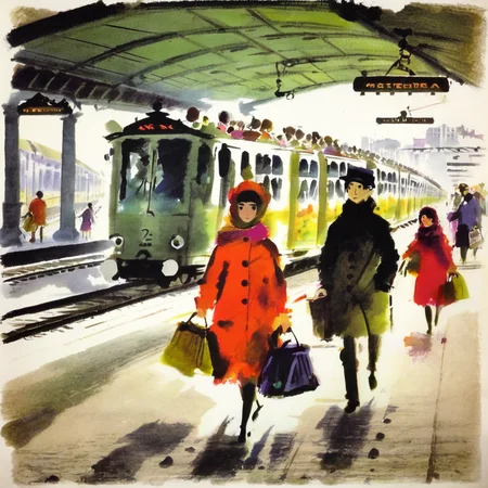 grabianski people at the metro station, an approaching train<lora:grabianski:1>