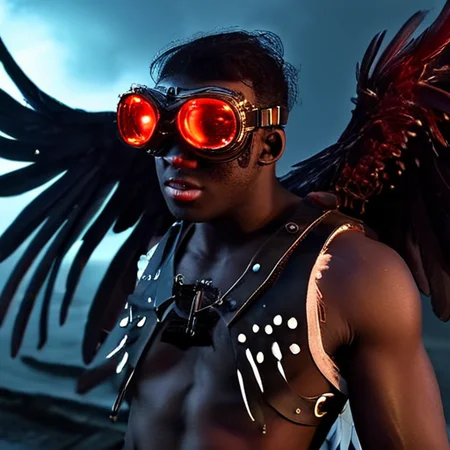 fallen angel, male focus, feathered wings, no humans, black skin, wings, solo, teeth, red bioluminescence, feathers, red eyes, glowing, goggles, black wings, glowing eyes, claws, steampunk, flying, brown hair