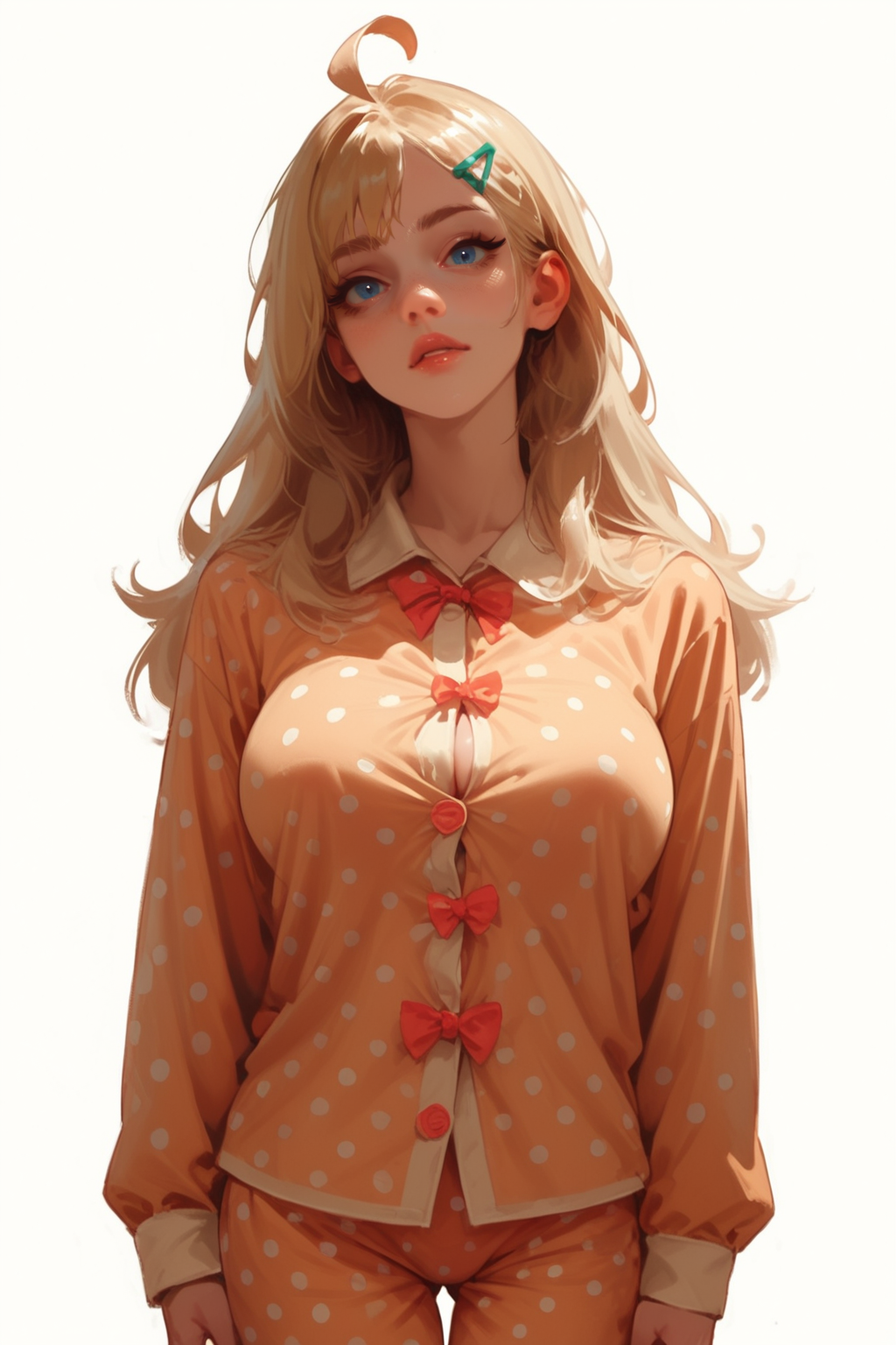 1girl, solo, blonde hair, long hair, blue eyes,  under eye, , breasts, large breasts, hair ornament, hairclip, long sleeves, polka dot, pajamas, bow, ahoge, looking at viewer, cowboy shot, no pants, standing,, zPDXL3, detailxl,  Score_PnyReal, (lineless:1.5)