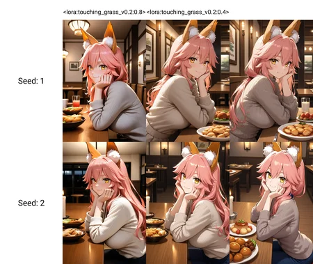 <lora:touching_grass_v0.2:0.8>1girl,tamamo \(fate\),from side,wooden table,masterpiece,hand on own cheek,looking at viewer,food on table,candle,restaurant,