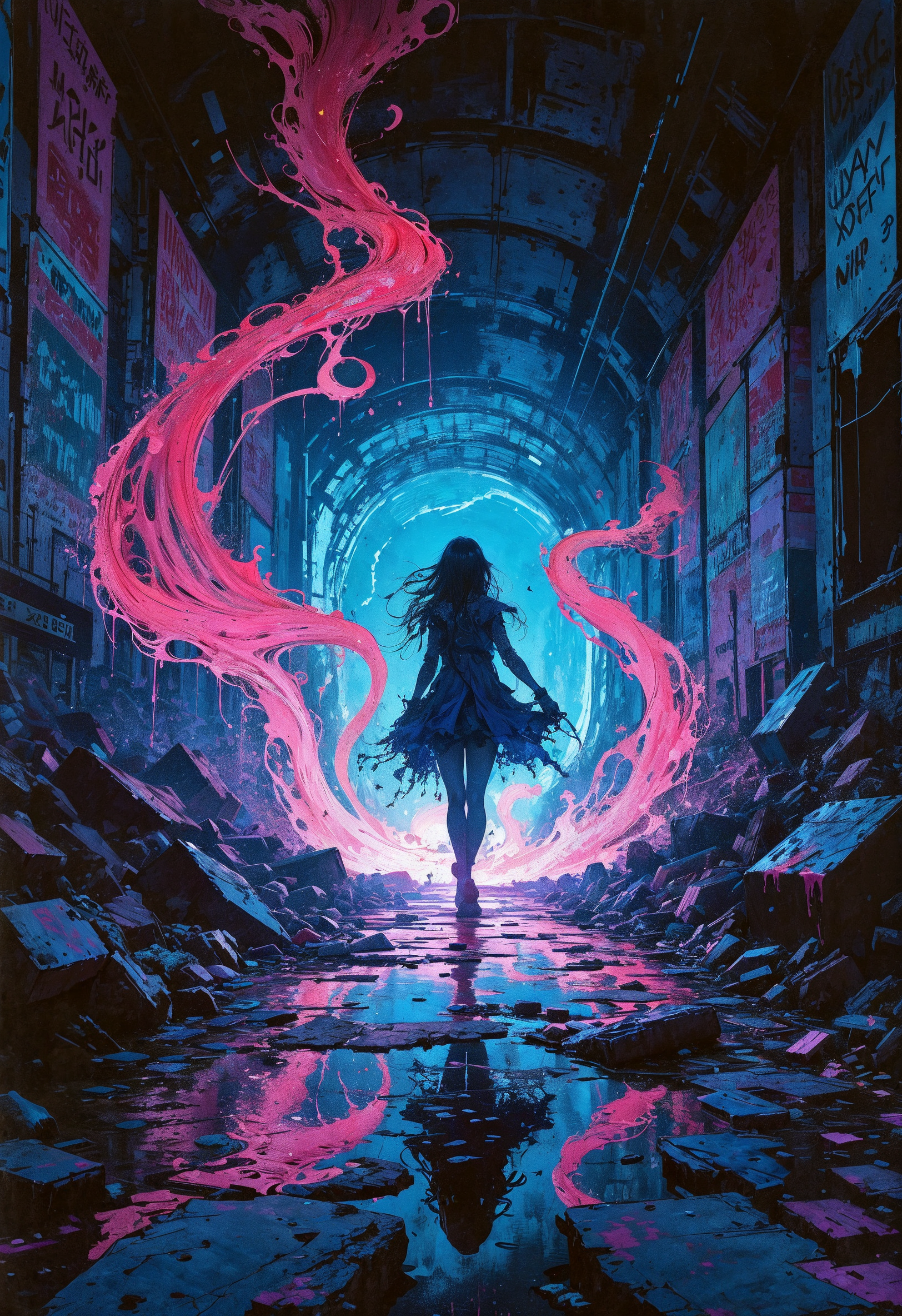 (in Otomo Katsuhiro style:1.2), high-quality, masterpiece, A graffiti-covered ghost drifting through a forgotten subway, Her translucent form leaves behind glowing paint streaks that curve and loop in abstract patterns, The scene has a fish-eye lens effect distorting the urban backdrop into a chaotic swirl of colors, The paint seems alive twisting and expanding as it moves with highly saturated neon colors bleeding into the dark surroundings, with a dreamy surreal atmosphere, (elaborate fine details:1.1), (hyperdetailed:1.1), (intricate details:1.0), (Refined details:1.1), (best quality:1.1), (high resolution:1.2)