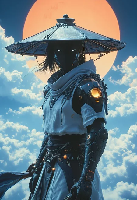 Capture the essence of transcendence and power in the stillness of a cyborg samurai meditating atop the wing of a colossal airborne carrier, piercing through the fluffy dense clouds.in vibrant Blue high Sky, Cloaked in sun-bleached linen, adorned with a towering sedge hat veiling his face, his metallic intricacies faintly aglow in translucent orange, amidst a world of ethereal heights and serenity.
., atmospheric haze, Film grain, cinematic film still, shallow depth of field, highly detailed, high budget, cinemascope, moody, epic, OverallDetail, 2000s vintage RAW photo, photorealistic, candid camera, color graded cinematic, eye catchlights, atmospheric lighting, imperfections, natural, shallow dof
