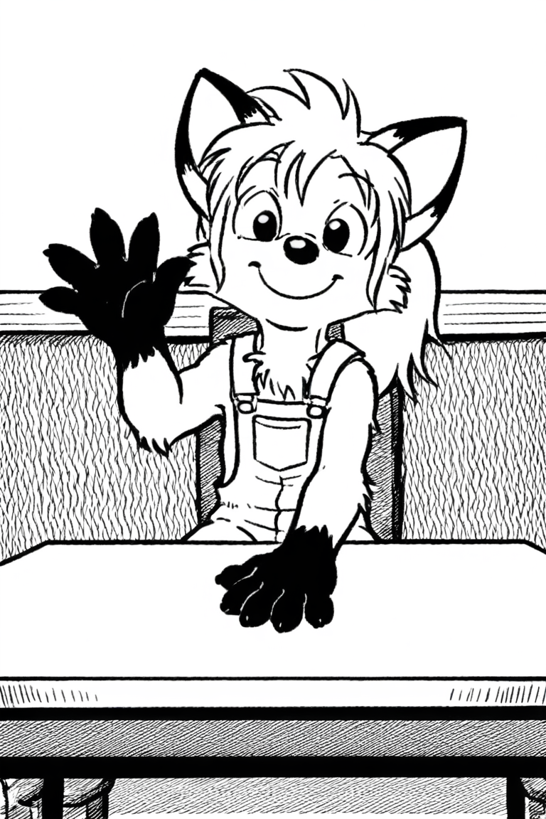1girl, solo, dwarf, fox, black eyes, suspenders, overalls, spiked tuft, hair tuft, ponytail, big hair, pointy nose, black nose, black paws, black and white, white background,
<lora:Millie_from_Ozy_and_Millie_90_style:0.9>
sitting, table, waving hand, smile,