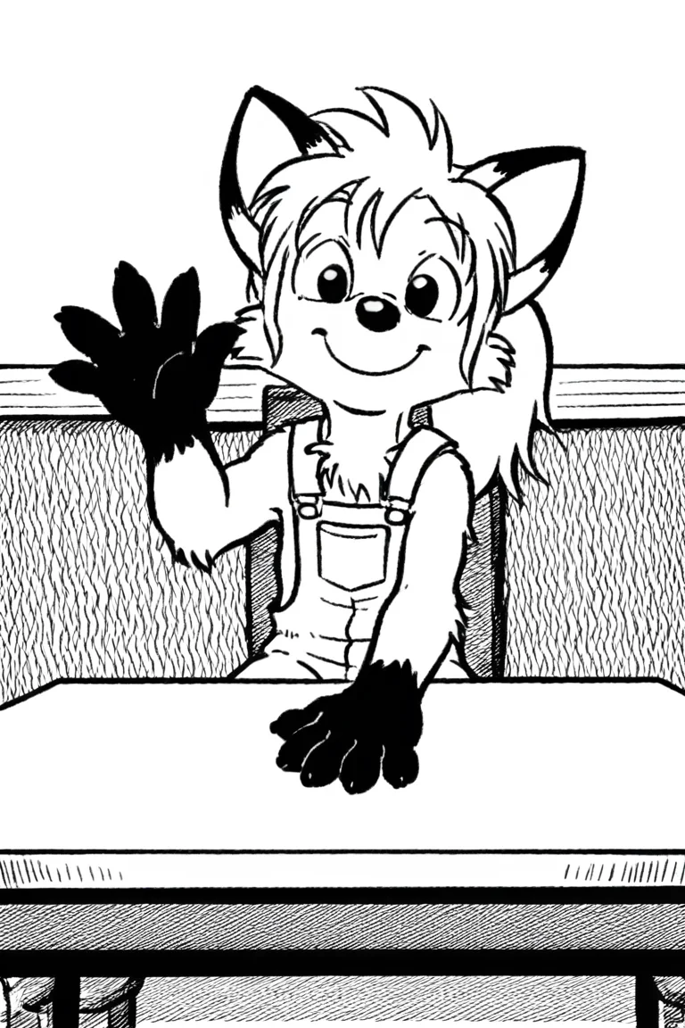 1girl, solo, dwarf, fox, black eyes, suspenders, overalls, spiked tuft, hair tuft, ponytail, big hair, pointy nose, black nose, black paws, black and white, white background,
<lora:Millie_from_Ozy_and_Millie_90_style:0.9>
sitting, table, waving hand, smile,