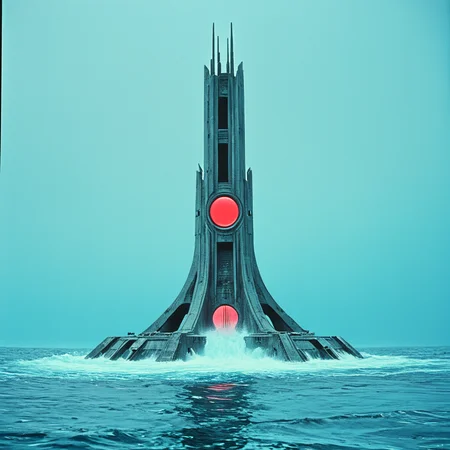<lora:70sSci-FiMovieSDXL:1> ArsMovieStill, movie still from a 1970s technicolor Sci-Fi movie, The image shows a tall concrete structure in the middle of the ocean. The structure appears to be a tall tower or a tower with multiple levels and a pointed top. It is surrounded by the vast expanse of the sea with the waves crashing around it. The sky is a pale blue and the water is choppy and turbulent. In the center of the structure there is a red circle with a white outline which could be a symbol of a spaceship or a spaceship. The overall mood of the image is ominous and ominous., no humans, ocean, watercraft, science fiction, ship, water, sky, glowing, scenery, military