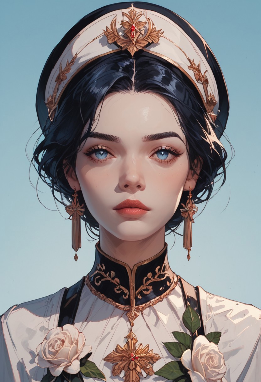 masterpiece,best quality, highly detailed, score_9, score_8_up, score_7_up, score_6_up, score_5_up, score_4_up, Expressiveh, an elegant woman with long dark hair wearing hat and white dress, engraving effect, pale blue background, white flowers, Expressiveh, warm lighting, dynamic lighting, detailed face, detailed skin, perfect eyes, detailed hair, detailed clothes,
