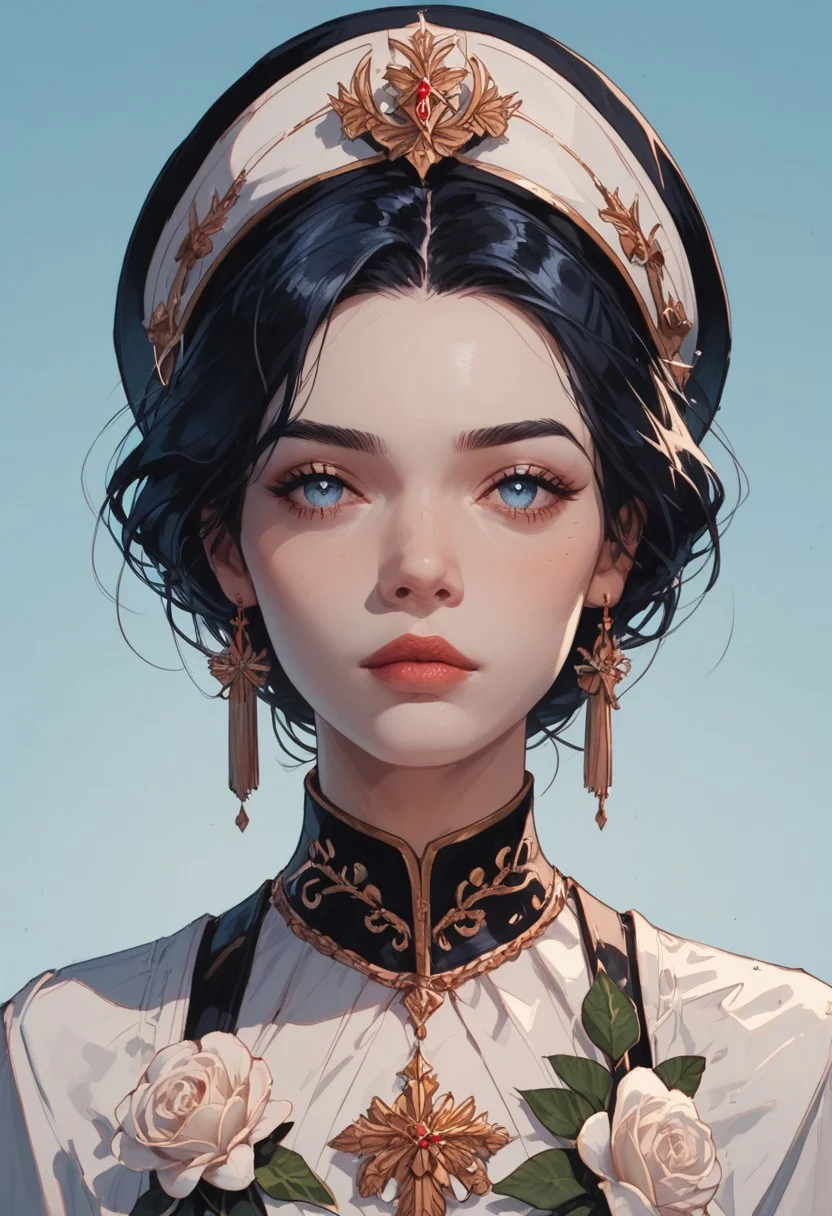 masterpiece,best quality, highly detailed, score_9, score_8_up, score_7_up, score_6_up, score_5_up, score_4_up, Expressiveh, an elegant woman with long dark hair wearing hat and white dress, engraving effect, pale blue background, white flowers, Expressiveh, warm lighting, dynamic lighting, detailed face, detailed skin, perfect eyes, detailed hair, detailed clothes,