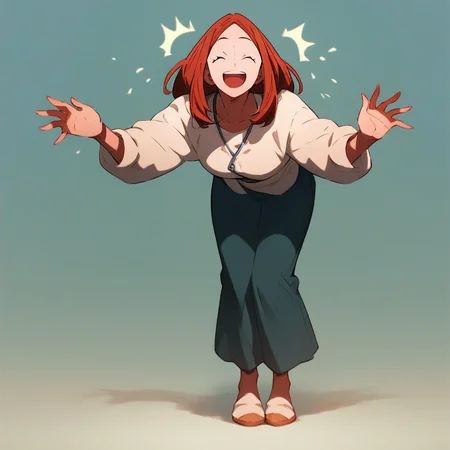 score_9, score_8_up, score_7_up, urarakasmom, woman, solo, smiling, surprised, eyes closed, full body, closeup, hands behind, leaning forward, looking at viewer