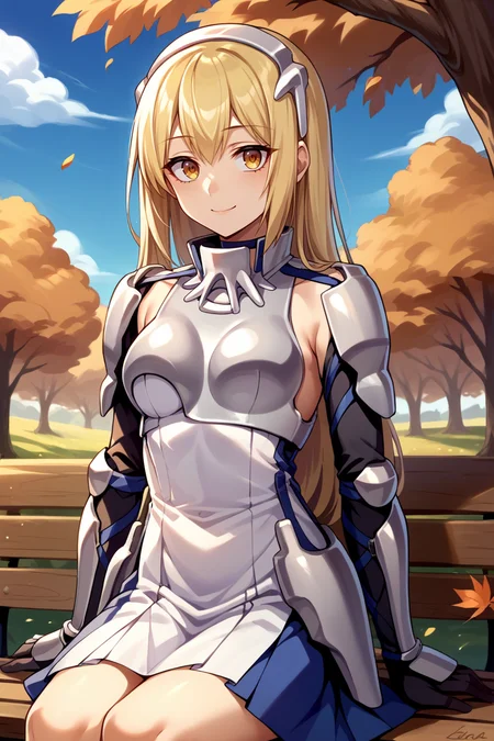 score_9, score_8_up, score_7_up, score_6_up, source_anime, BREAK 1girl, solo <lora:aiswallenstein-pdxl-nvwls-v1:1> ais wallenstein, hairband, armored dress, gauntlets, black gloves, looking at you, blue sky, autumn, trees, sitting, smile, bench, looking up