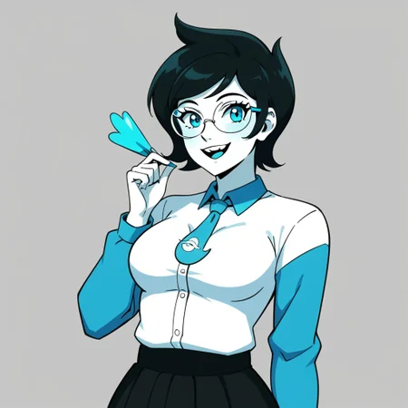 1girl, jane crocker, solo, breasts, glasses, white skin, smile, buck teeth, white shirt, aqua blue symbol on shirt, long skirt, black hair, short hair, cute, upper body,
BREAK,
source_cartoon,