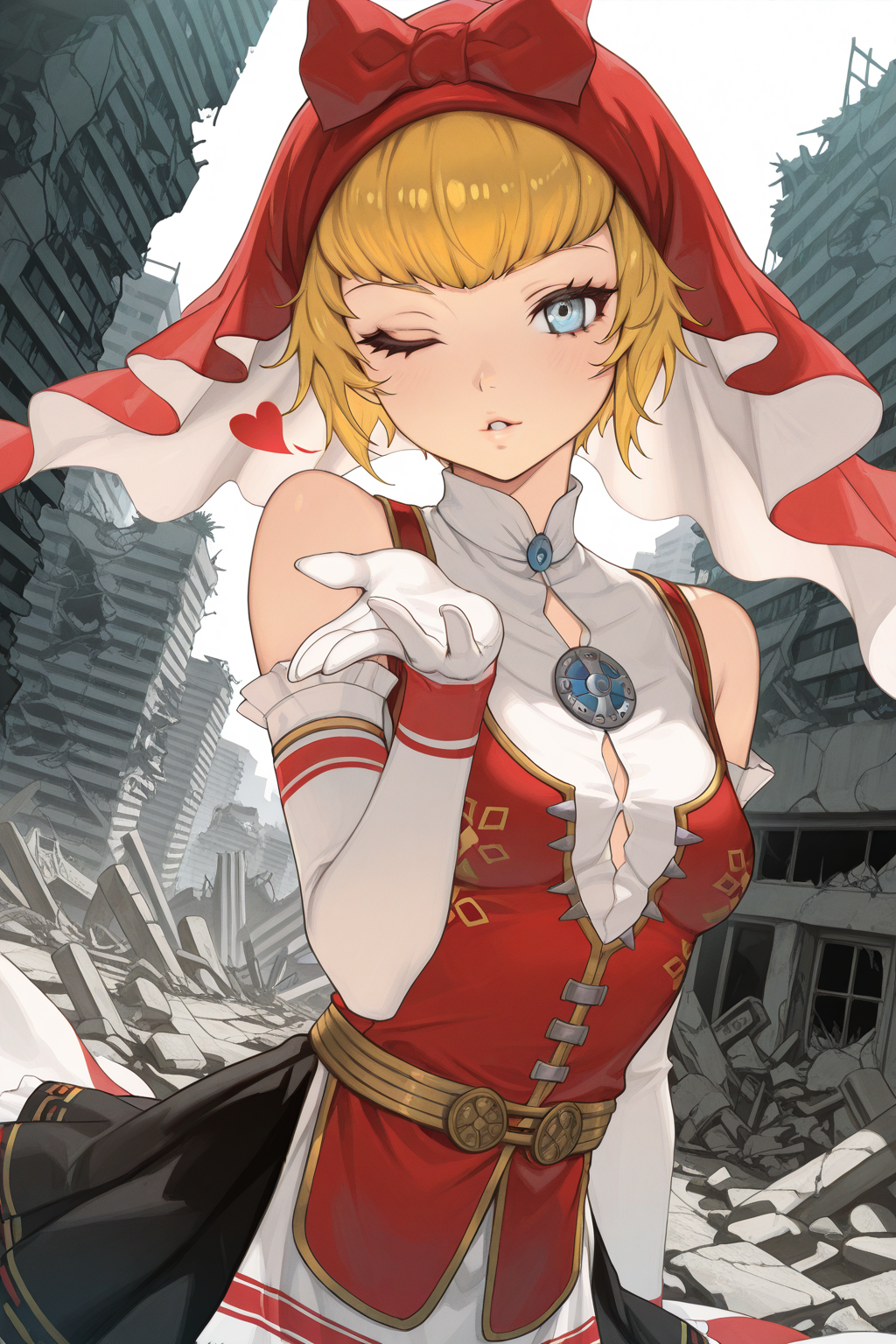 1girl,
IdunnShinMegamiTensei,
general, solo, dutch angle, upper body,
short hair, blonde hair, detailed eyes,
one eye closed,
red hood, elbow gloves, 
skirt, 
looking at viewer, parted lips, blowing kiss, light smile, 
tokyo, ruins, building, 
<lora:kp_IdunnShinMegamiTenseiIllustrious_v1_0:1.0>,
masterpiece, best quality, amazing quality