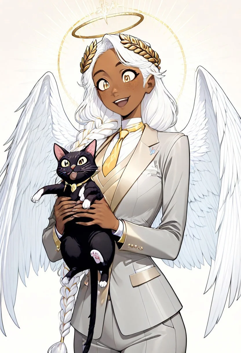masterpiece, best quality, newest, absurdres, highres, FCOMV1.0, GABV2.0, 1girl, dark skin, dark-skinned female, grey suit, official attire, official clothes, nectie, yellow necktie, white hair, long hair, braid, single braid, angel, angel girl, halo, wings, angel wings, golden eyes, laurel crown, freckles, holding, holding cat, cat, animal,