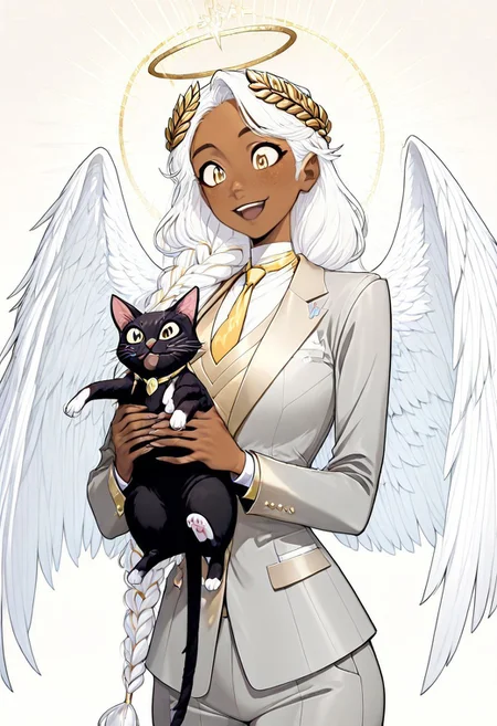 masterpiece, best quality, newest, absurdres, highres, FCOMV1.0, GABV2.0, 1girl, dark skin, dark-skinned female, grey suit, official attire, official clothes, nectie, yellow necktie, white hair, long hair, braid, single braid, angel, angel girl, halo, wings, angel wings, golden eyes, laurel crown, freckles, holding, holding cat, cat, animal,