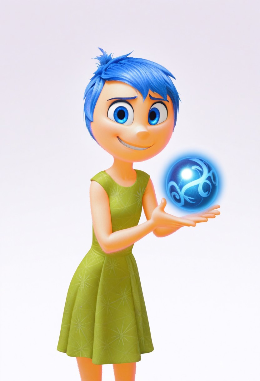 solo, joyemotion, looking at viewer, green dress, holding orb, smile, clenched teeth, blank background