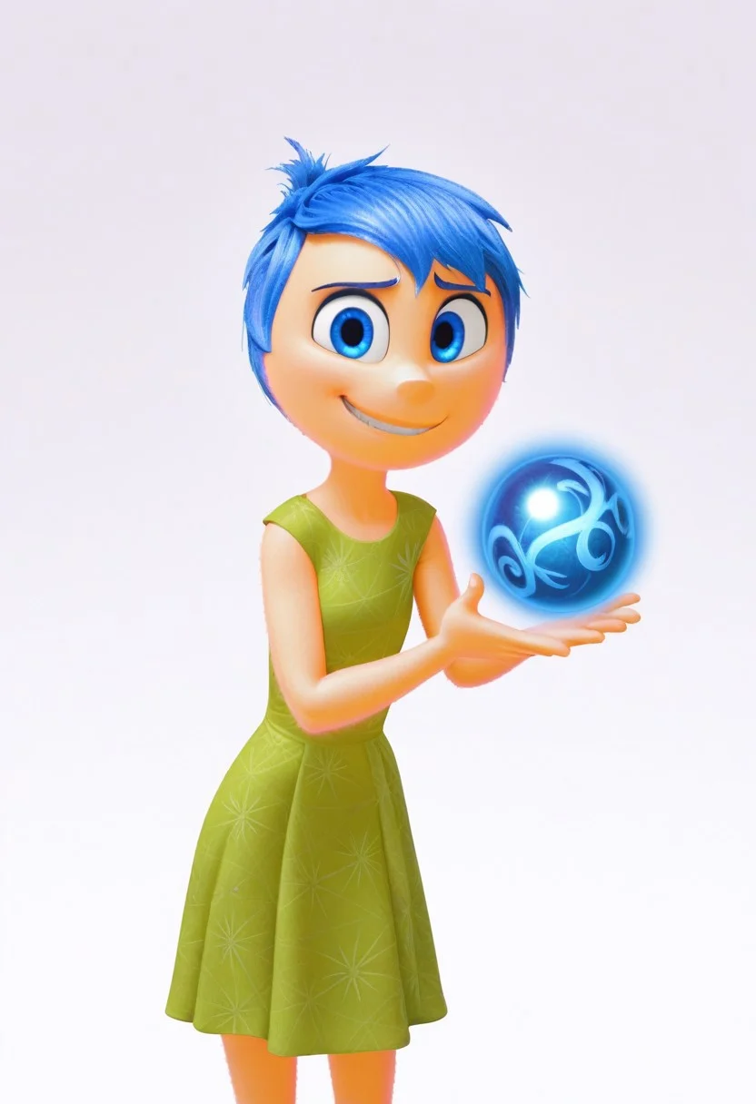 solo, joyemotion, looking at viewer, green dress, holding orb, smile, clenched teeth, blank background