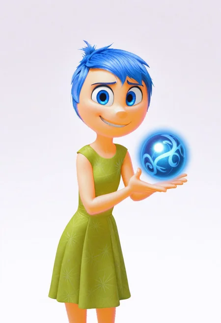 solo, joyemotion, looking at viewer, green dress, holding orb, smile, clenched teeth, blank background