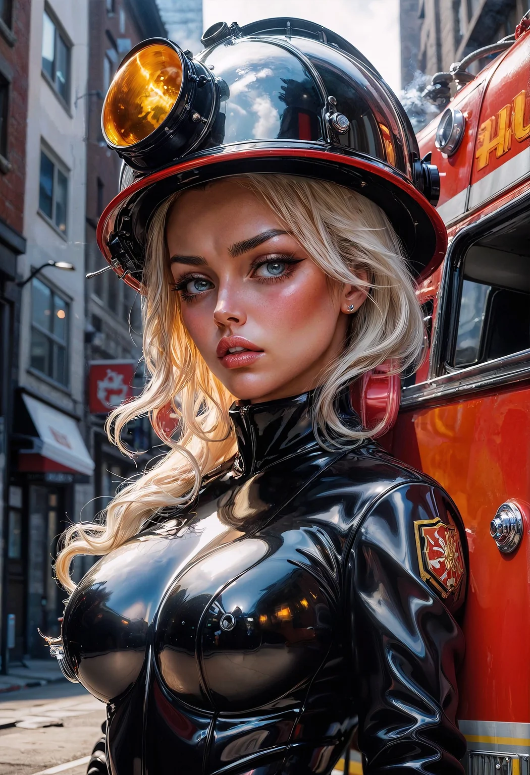 realistic photo, shiny skin, glossy skin, (fire, smoke, fire truck:0.5), 
intricate details, ultra-realistic, high saturation, high contrast, 35mm raw photo, 
embedding:Style-EMCG.pt, <lora:add_detail:0.25>, <lora:lcm_lora_sdxl:1.0>, <lora:SexyConiAIv2p:1.0>