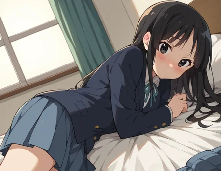 score_9, score_8_up, score_7_up, source_anime,
mioakiyama, <lora:mio-akiyama-s2-ponyxl-lora-nochekaiser:1>,
mio akiyama, long hair, bangs, black hair, black eyes, hime cut,
sakuragaoka high school uniform, school uniform, uniform, blazer, shirt, white shirt, collared shirt, skirt, pleated skirt,
indoors, bed, bed room, on side, blush, drunk,
looking at viewer, cowboy shot, dutch angle, solo,