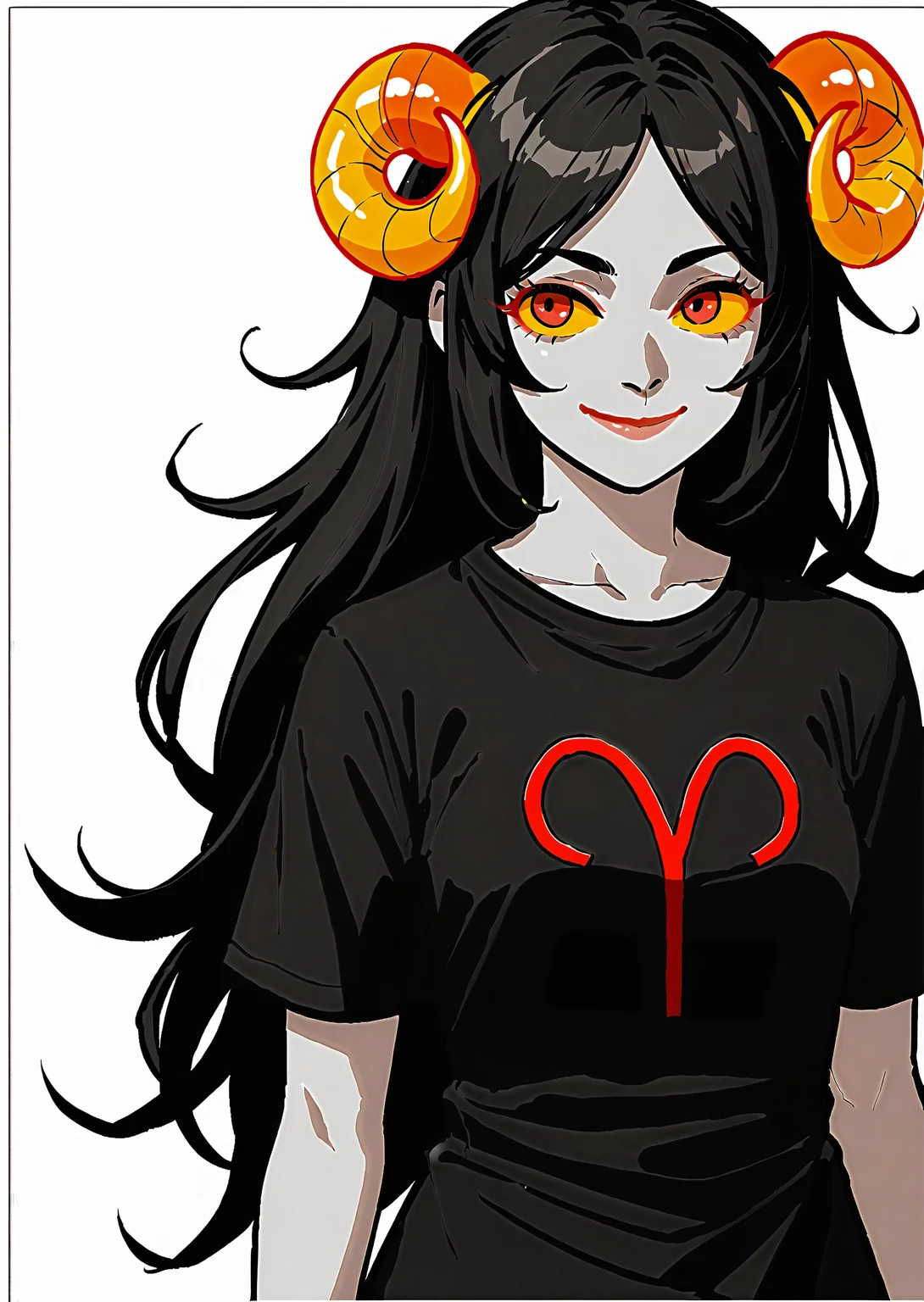score_9, score_8_up, score_7_up, score_6_up, score_5_up, score_4_up, 2d, anime, anime artstyle, simple shadows, flat coloring, flat shadows, thick lines, white outline, <lora:Aradia_Megido_Homestuck_-_Starter_outfit_Deadalive_versions:0.85>, 1girl, grey skin, yellow sclera, red eyes, sheep horns, long hair, black hair, smile BREAK source_anime