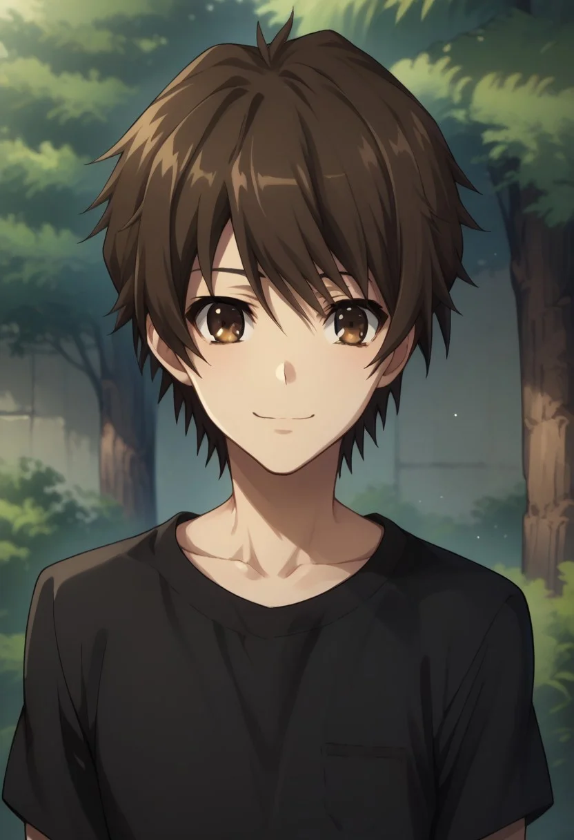 score_9, score_8_up, score_7_up, source_anime, highly detailed,
koichi, 1boy, male focus, solo, brown eyes, brown hair, shirt, black shirt, smile, upper body,
collarbone, closed mouth, outdoor, tree