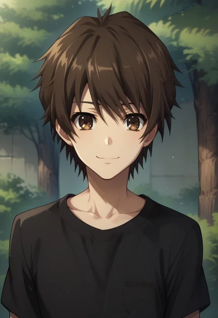 score_9, score_8_up, score_7_up, source_anime, highly detailed,
koichi, 1boy, male focus, solo, brown eyes, brown hair, shirt, black shirt, smile, upper body,
collarbone, closed mouth, outdoor, tree